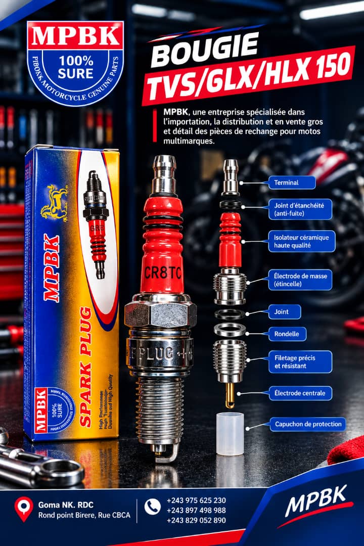 Bougie CR8TC pour moto Tvs/Glx vs Hlx150