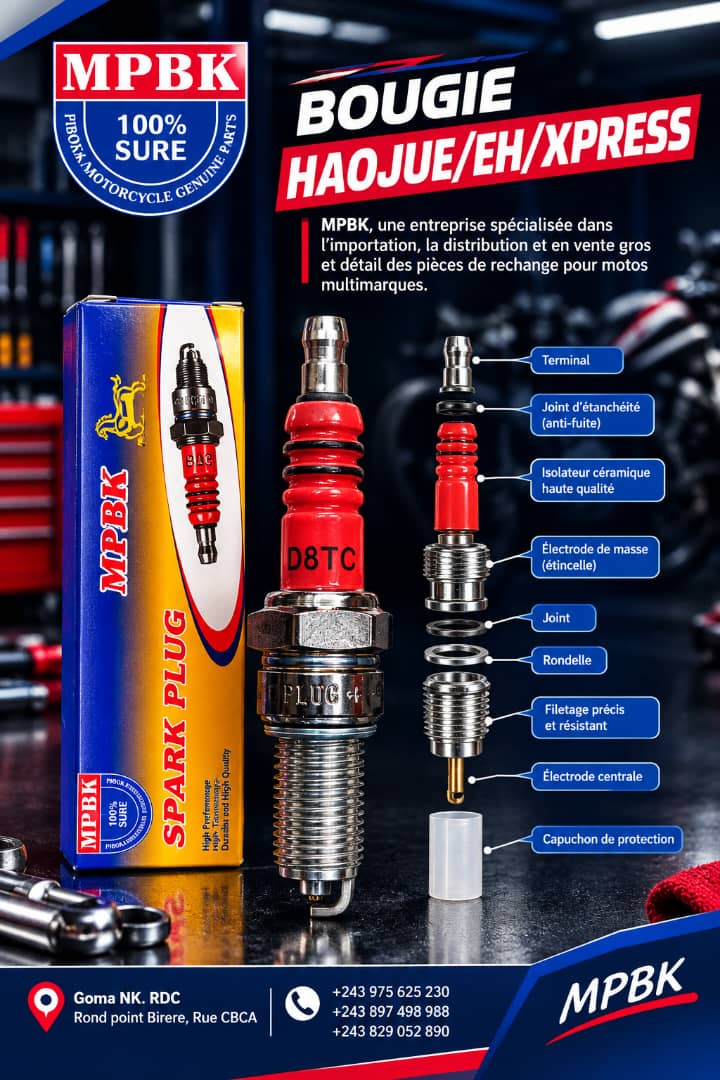 Bougie D8TC pour la moto Haojue EH 150 et Xpress 150